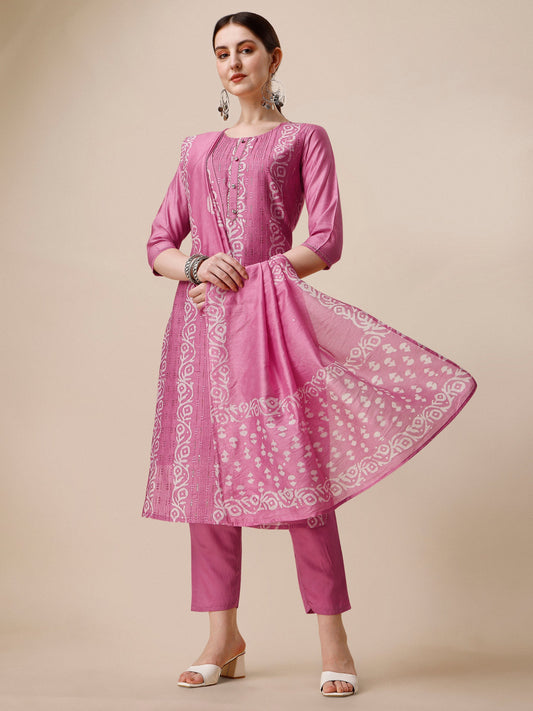Embroidered & Printed Kurta With Pant And Dupatta Set, Multicolor - Hiral Fashion