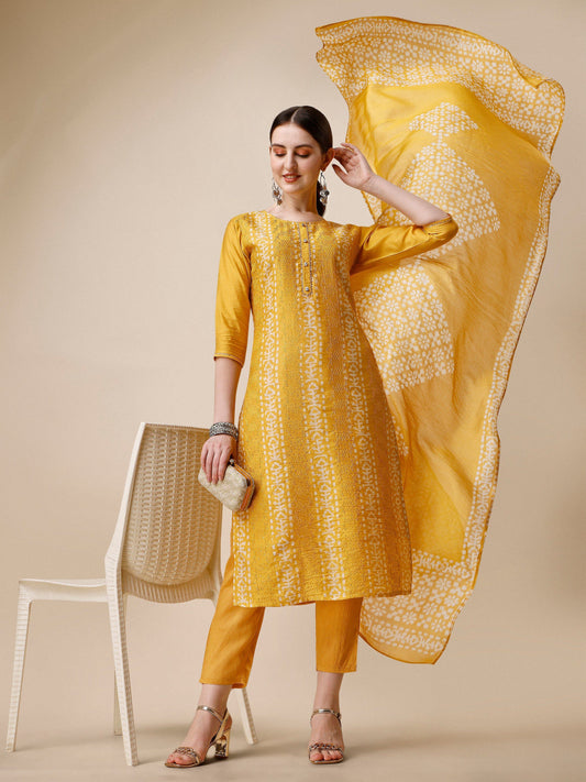 Printed & Embroidered Kurta With Pant & Dupatta Set, Multicolor - Hiral Fashion