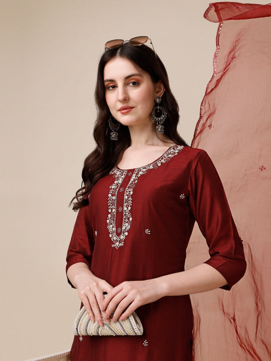 Embroidered Kurta With Pant And Dupatta Set, Multicolor - Hiral Fashion