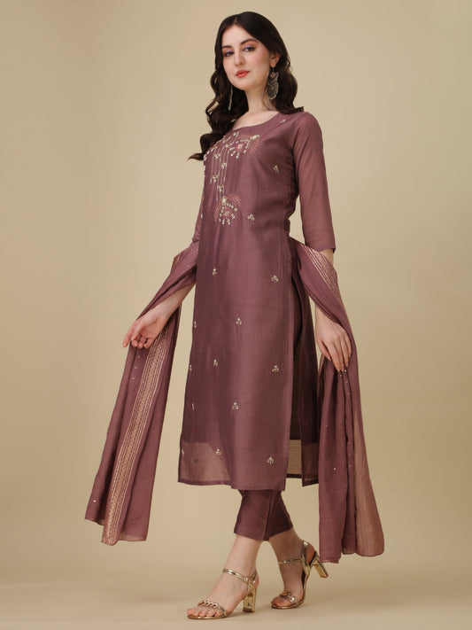 Hand Embroidered Kurta With Pant And Dupatta Set, Multicolor - Hiral Fashion