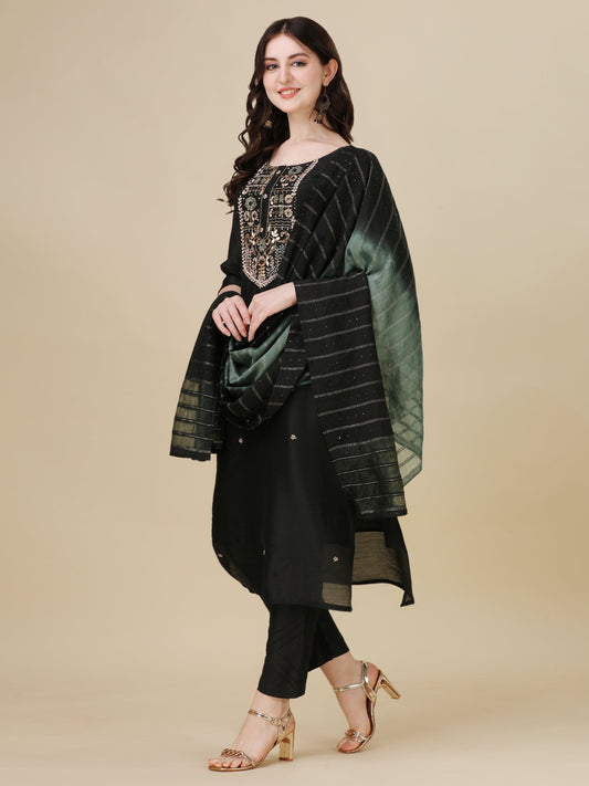 Embroidered Kurta With Pant And Dupatta Set, Multicolor - Hiral Fashion