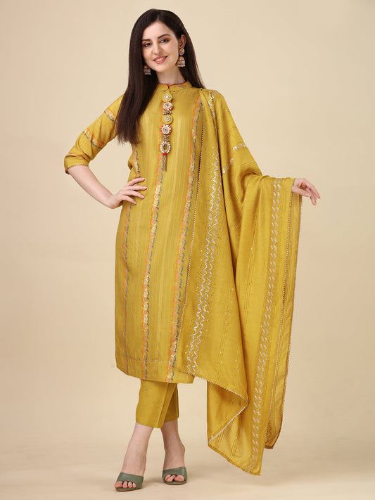 Embellished Buttoned Kurta With Pant And Dupatta Set, Multicolor - Hiral Fashion