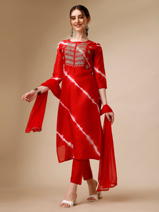 Lehariya Printed And Embroidered Kurta With Pant And Dupatta Set, Multicolor - Hiral Fashion