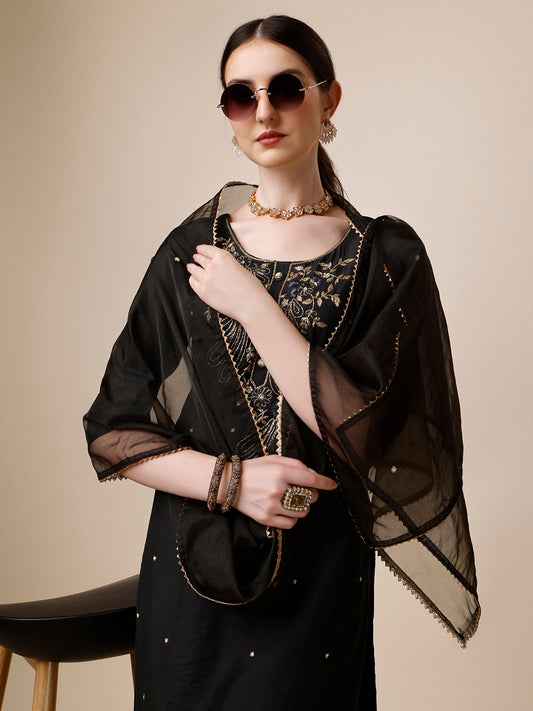 Embroidered Kurta With Pant And Dupatta Set, Multicolor - Hiral Fashion