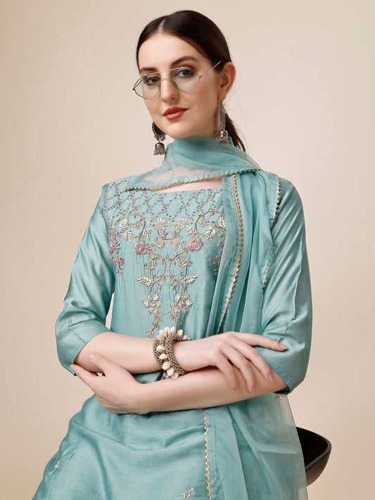 Hand Embroidered Kurta With Pant & Dupatta Set, Multicolor - Hiral Fashion
