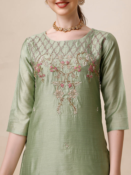 Embroidered Kurta With Pant And Dupatta Set, Multicolor - Hiral Fashion