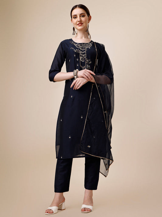 Hand Embroidered Kurta With Pant And Dupatta Set, Multicolor - Hiral Fashion
