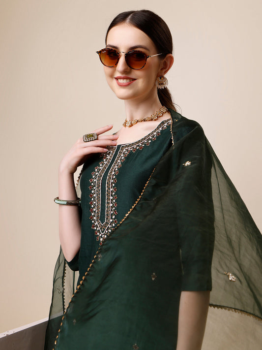 Embroidered Kurta With Pant And Dupatta Set, Multicolor - Hiral Fashion