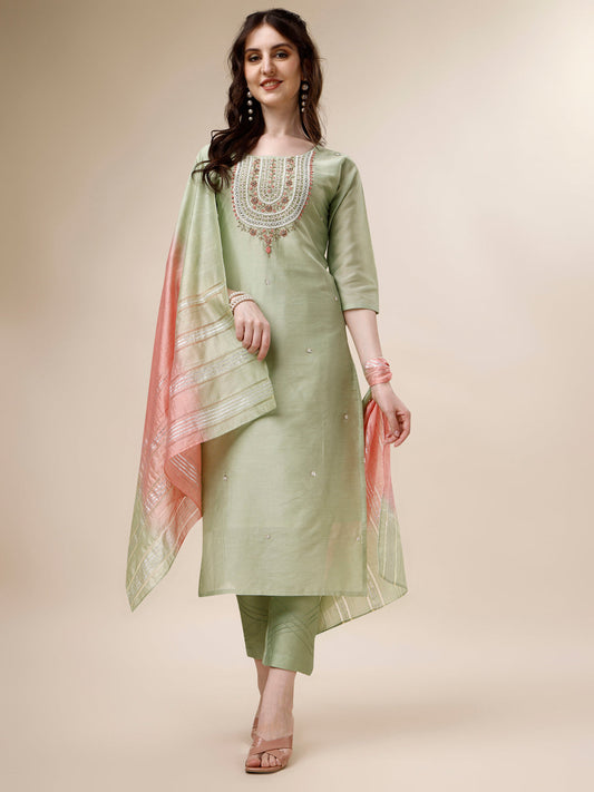 Embroidered Kurta With Pant And Dupatta Set, Multicolor - Hiral Fashion