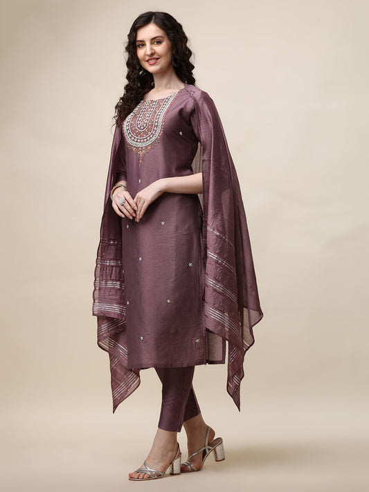 Embroidered Lavender Kurta With Pant And Dupatta Set, Multicolor - Hiral Fashion