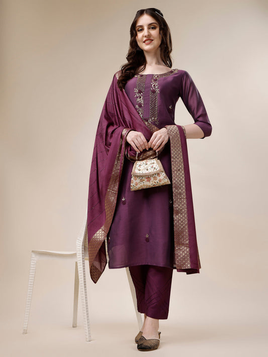 Embroidered Kurta With Pant And Dupatta Set, Multicolor - Hiral Fashion