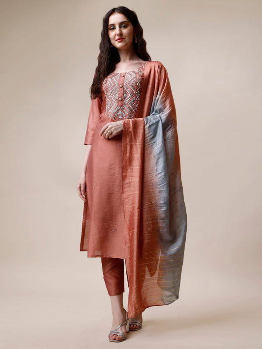 Hand Embroidered Kurta With Pant And Dupatta Set, Multicolor - Hiral Fashion