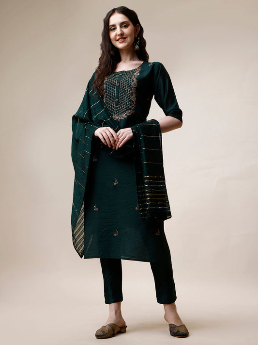 Embroidered Kurta With Pant And Dupatta Set, Multicolor - Hiral Fashion