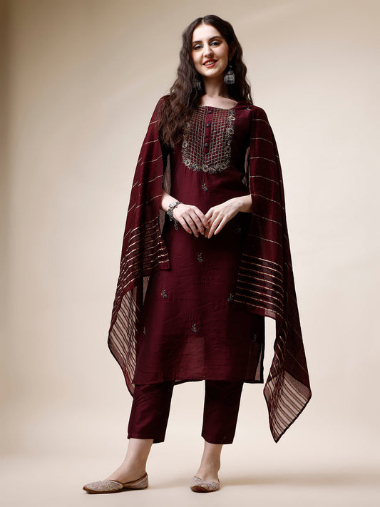 Embroidered Kurta With Pant And Dupatta Set, Multicolor - Hiral Fashion