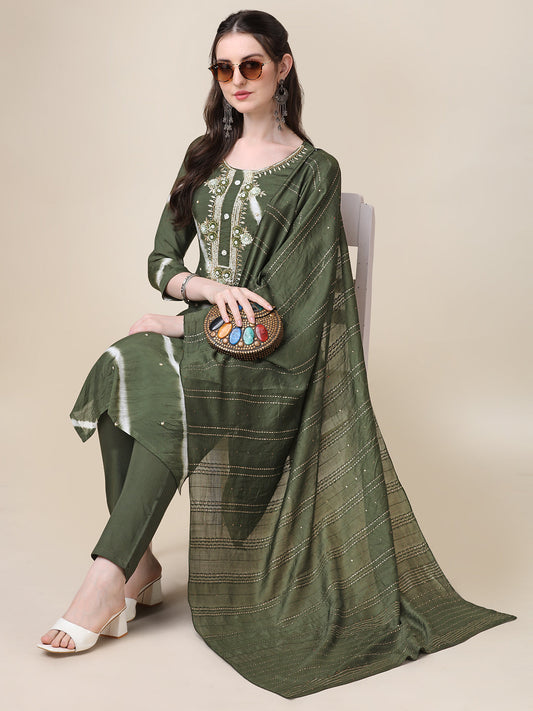 Leheriya Printed & Hand Embroidered Kurta With Pant & Dupatta Set, Multicolor - Hiral Fashion