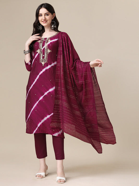 Leheriya Printed & Hand Embroidered Kurta With Pant & Dupatta Set, Multicolor - Hiral Fashion
