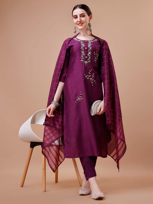 Placement Hand Embroidered Kurta With Pant & Dupatta Set, Multicolor - Hiral Fashion