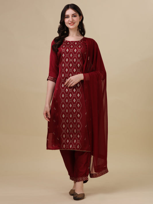 Foil Printed Kurta With Pant And Dupatta Set, Multicolor - Hiral Fashion