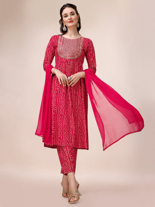 Bandhani Printed & Embroidered Kurta With Pant & Dupatta Set, Multicolor - Hiral Fashion