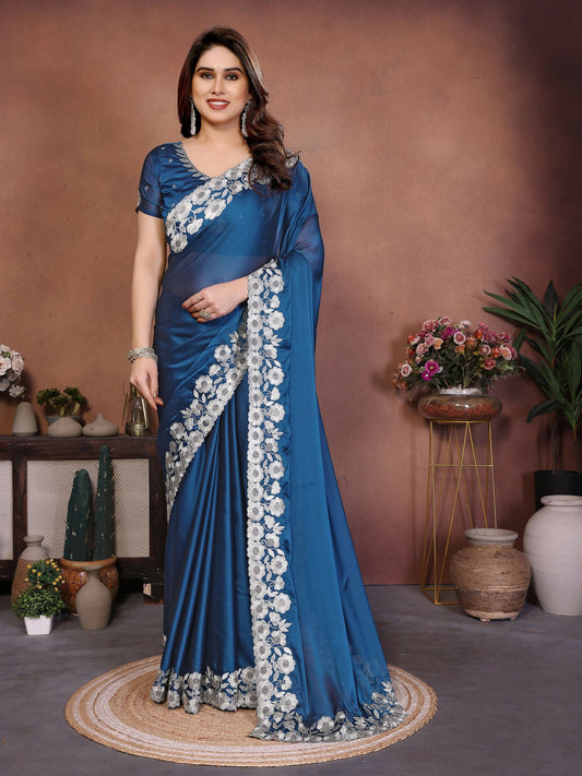 Teeya Creation New Trendy Stylish Party Wear Silk Saree-Blue