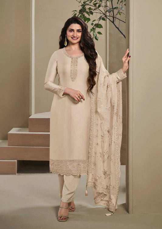 Anaita Beige Heavy Natural Crepe Stitched Suit with Embroidery & Zarkhan Work
