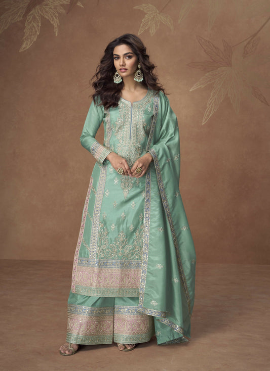 Anaita Sea-Green Chinon Readymade Palazzo Suit with Embroidery Sequence Work