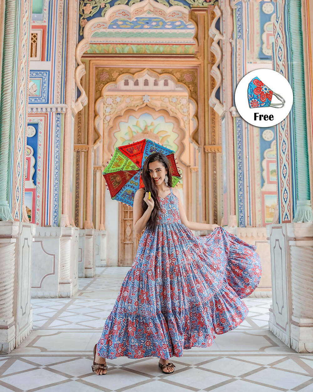 Designer Partywear Printed Blue Pure Maslin Gown - Anbazaar - Grab2buy