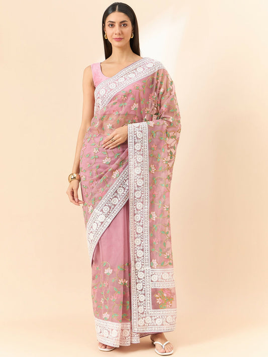 Pink Organza Floral Embroidered Saree with Unstitched Blouse Piece - Roozal