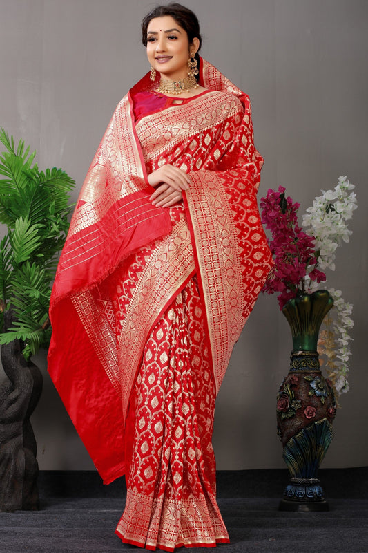 Anaita Red Woven Design Pure Silk Banarasi Saree With Blouse