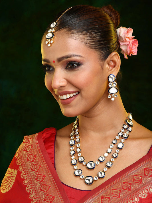 Ruby Raang 22k Gold Polished Blue Meenakari Kundan Layered Necklace With Earrings & Maang Tikka