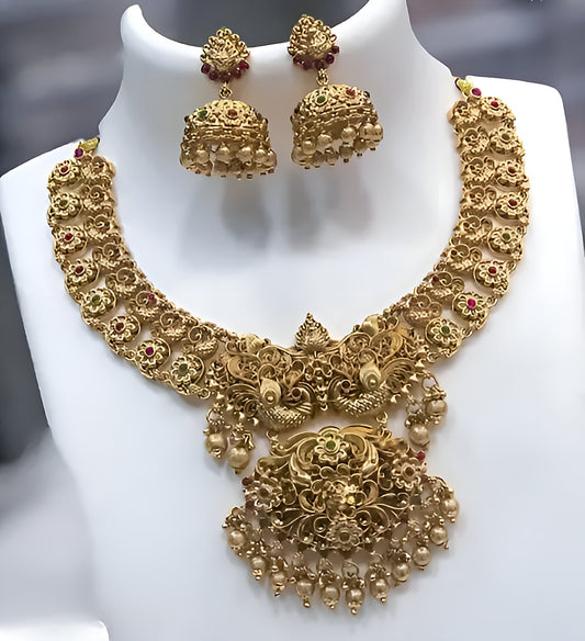 Jewel City Antique Gold-Plated Peacock Design Traditional Temple Choker Pearl Drops & Jhumka Earrings Necklace Jewelry Set | Swadesiicart