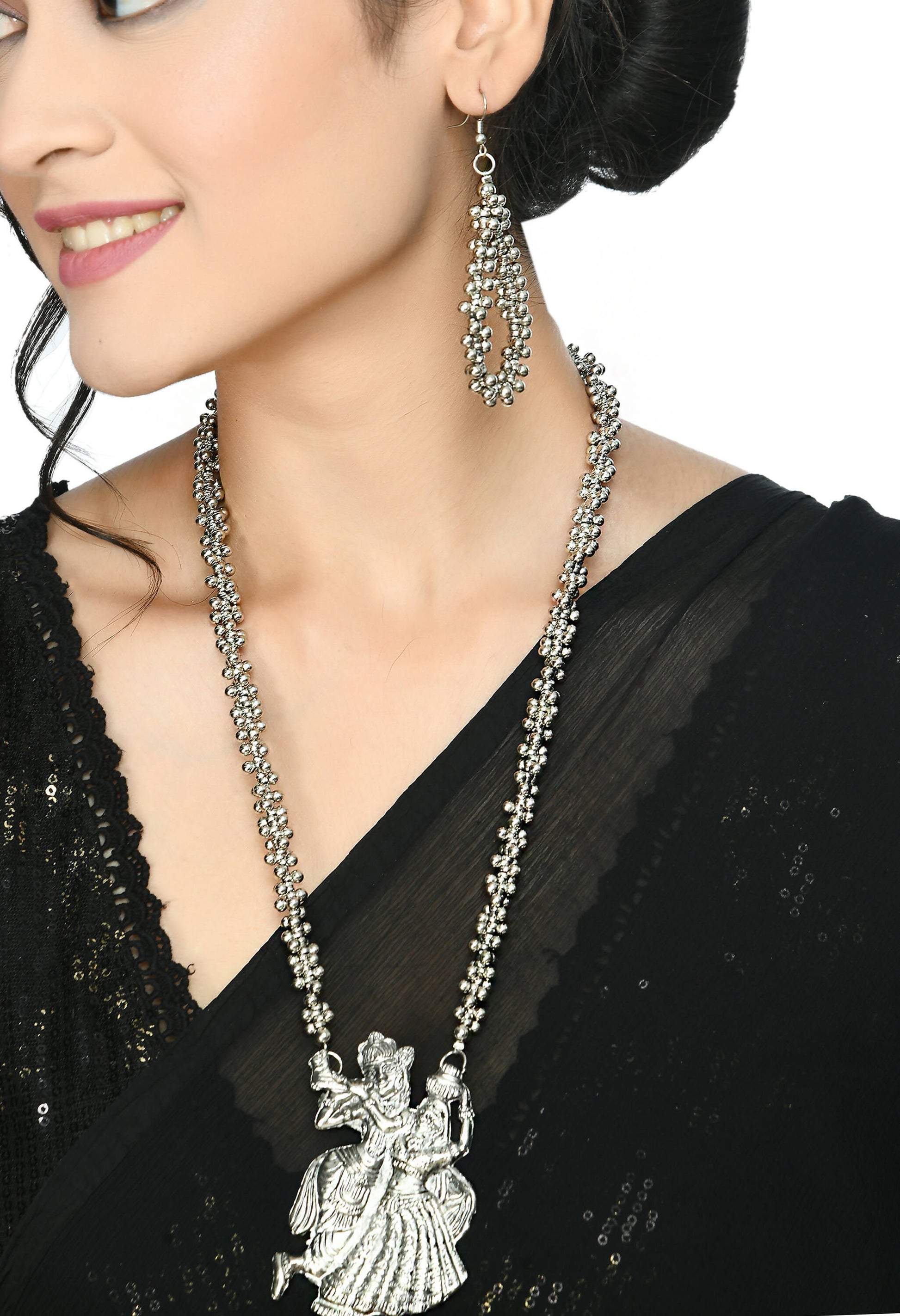 Mominos Fashion Johar Kamal Oxidised Silver-Plated Brass Finish Radha Kishan Long Necklace For Women - Grab2buy