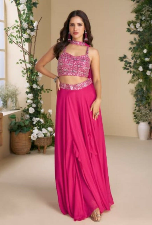 Anaita Magenta Heavy Chinon Stitched 3 Piece Set With Sequence & Mirror Work