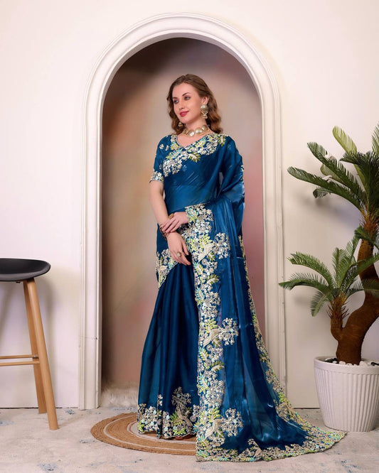 Teeya Creation Blue Color Zimichhu Silk Heavy Work Saree