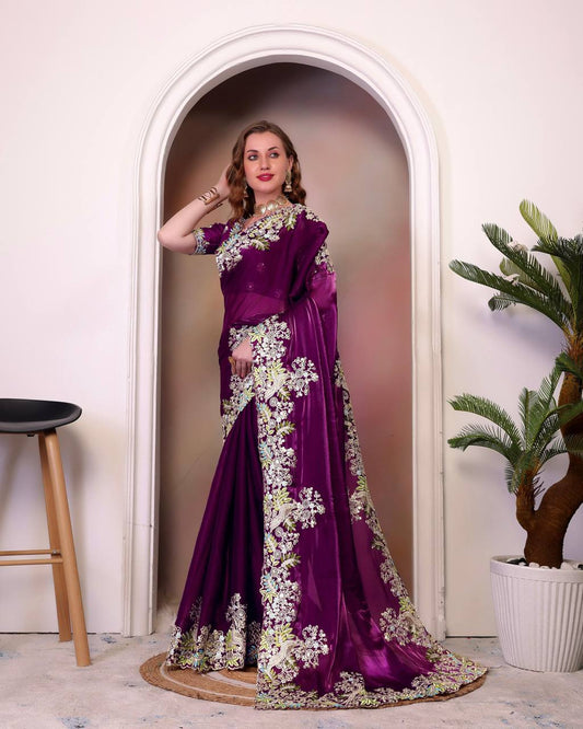 Teeya Creation Wine Color Zimichhu Silk Heavy Work Saree