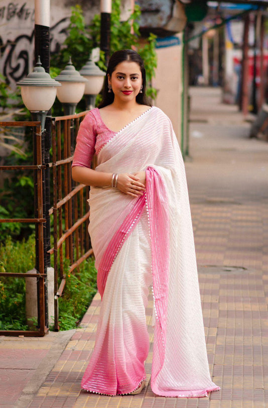 Pink Poly Chiffon Striped Saree with Unstitched Blouse - A2M