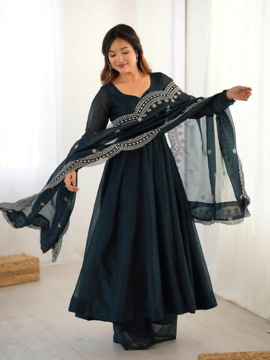 Joban Fashion Blue Chinnon Silk Sequence Embroidery Work Readymade Kurta Set