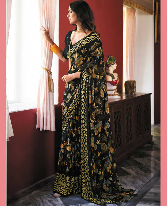 Black Georgette Brasso Floral Printed Saree With Unstitched Blouse Piece - Zyanya