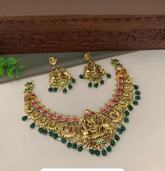 Jewel City Ganesha Temple Necklace Set - Antique Gold Finish with Emerald Drops & Ruby Pink Stones (Premium Bridal Collection) | Grab2Buy