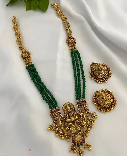 Jewel City Emerald Temple Necklace Set - Antique Gold Goddess Design with Multi-Strand Beads (Traditional Collection) | Grab2Buy