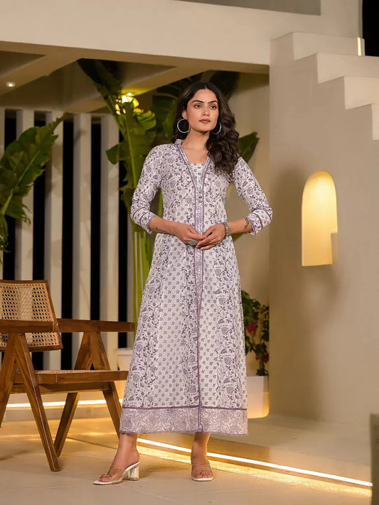 Yufta Purple Floral Print Kantha Work A-Line Dress Grab2Buy Yufta Grab2Buy