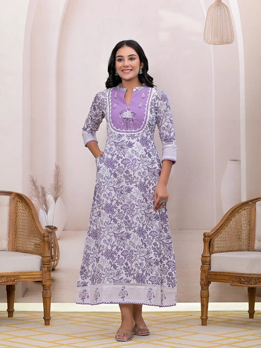 Yufta Purple Resham_Embroidery Cotton A-Liine Dress Grab2Buy Yufta Grab2Buy