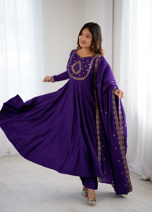 Lorenvalley Fashion Purple Roman Chanderi Silk Handwork Beads Work Anarkali Pant with Dupatta