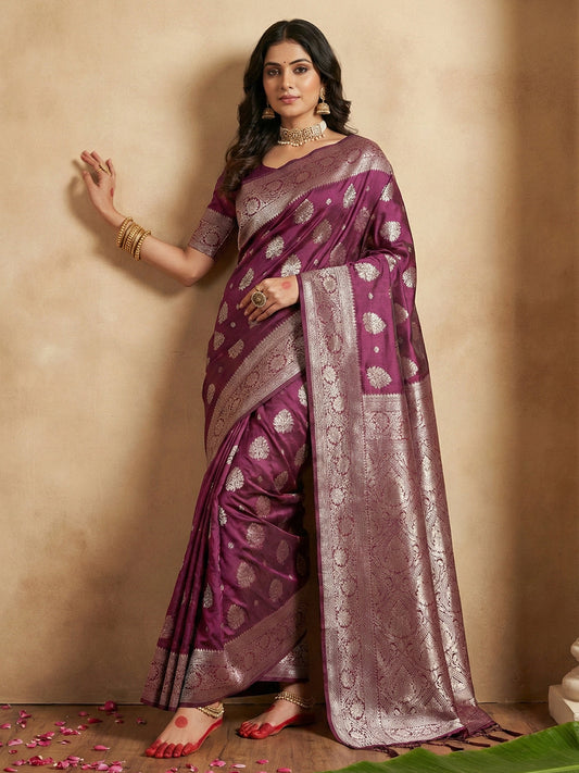 Anaita Purple Silk Blend Woven Saree With Blouse