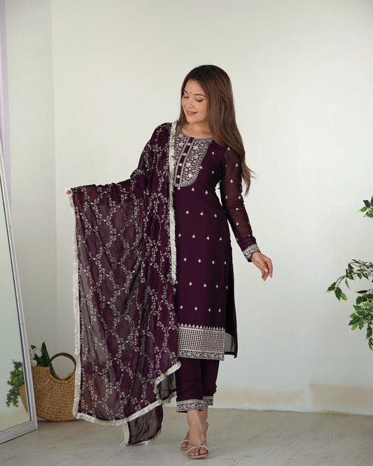 Lorenvalley Wine Rangoli Silk Embroidery Sequence And Thread Work Kurta Trousers with Dupatta Set