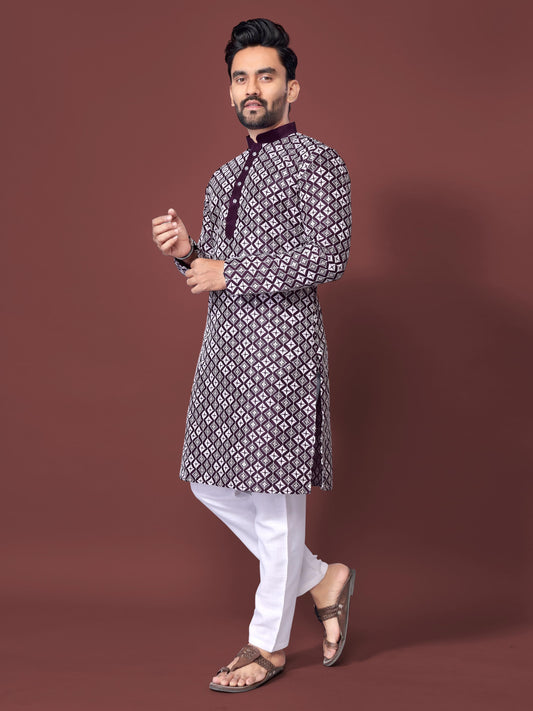 Neera Trendz Purple Soft Silk Embroidered Men's Kurta Pyjama