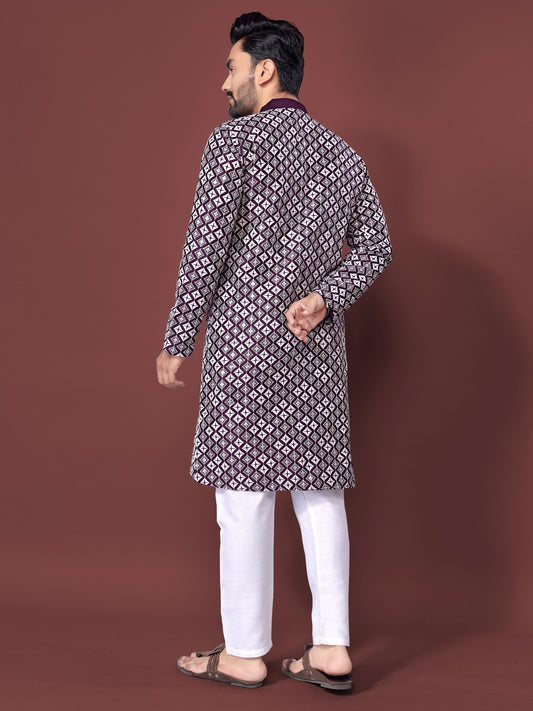 Neera Trendz Purple Soft Silk Embroidered Men's Kurta Pyjama