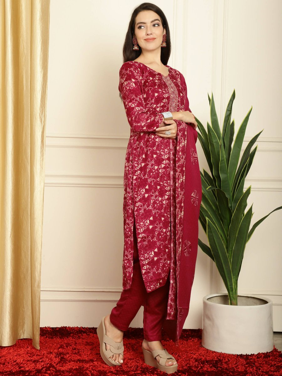 Aastha Fashion Women's Red Pashmina Floral Digital Printed Kurta with Trouser & Dupatta - Grab2buy