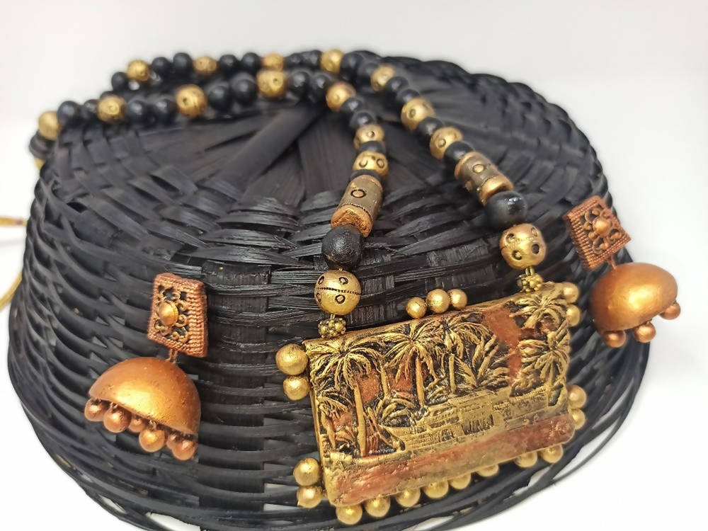 Terracotta Kerala Style Mansion Boat Pendant Long Necklace Set With Temple Earrings