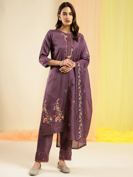 Purple Chinon Embroidered Straight Kurta with Trouser & Dupatta - Salimar